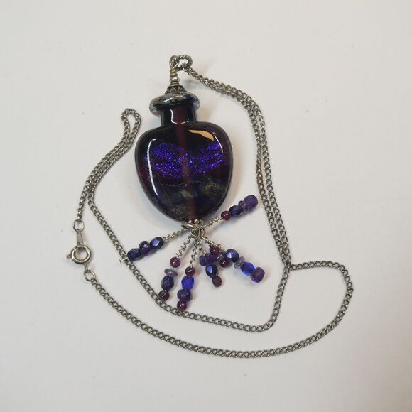 Handmade Pendant Glass w/Beaded Fringe Vintage Blue Purple - Picture 8 of 10